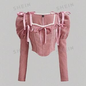 Shien Mod Victorian Lace Square Neckline With Bowknot Decoration Blouse Top NWT